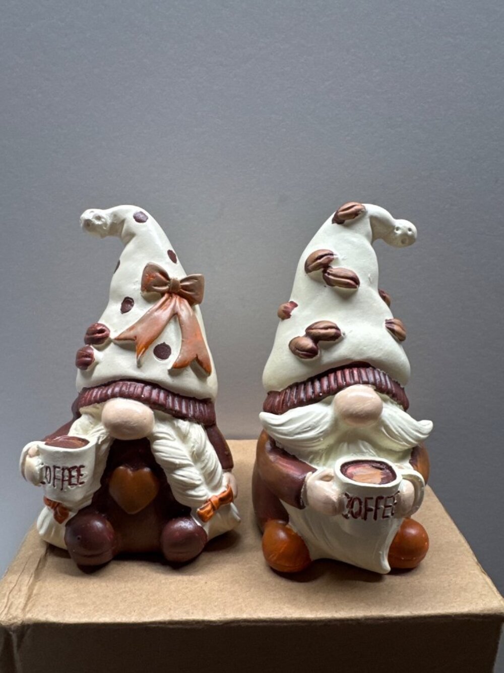 Coffee-Themed Gnome Figurines Holding Coffee Mugs Set Of 2 White & Brown With De